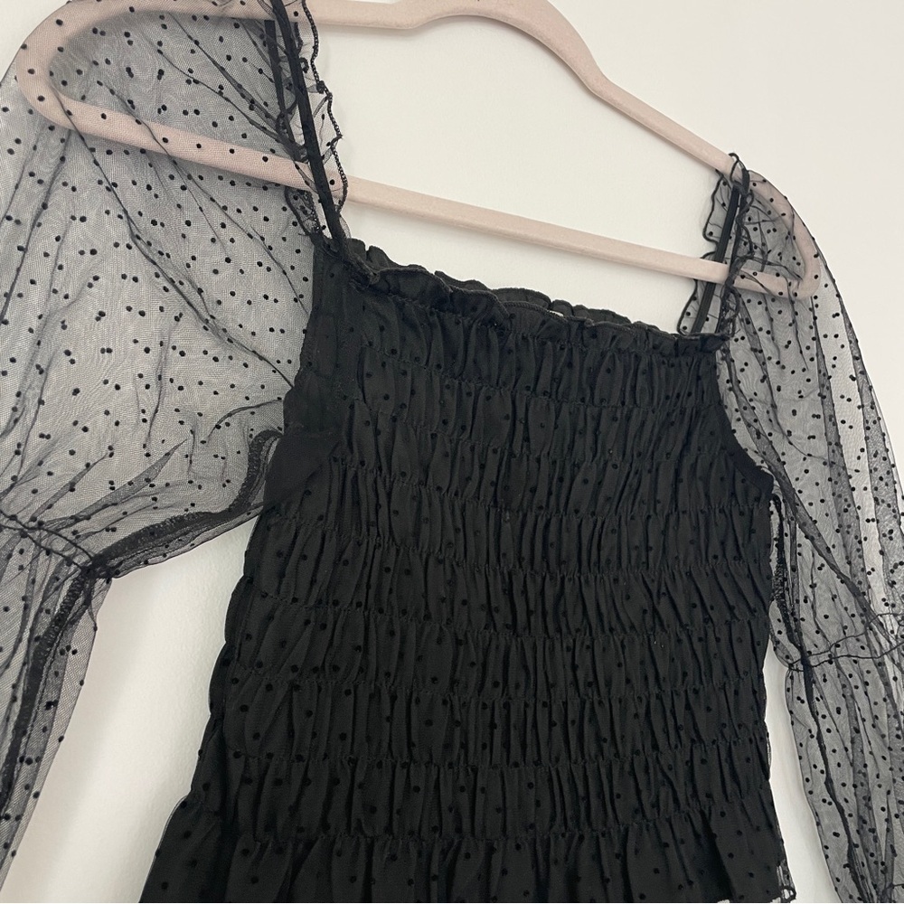 Black Sheer Swiss Dot Puff Long Sleeve Smocked Crop Top Small - Picture 2 of 6